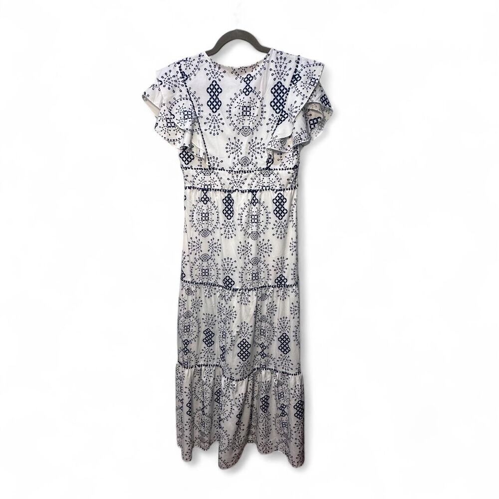 Boho Blue & White Flutter Sleeve Tiered Maxi Sundress Size M - Picture 2 of 6
